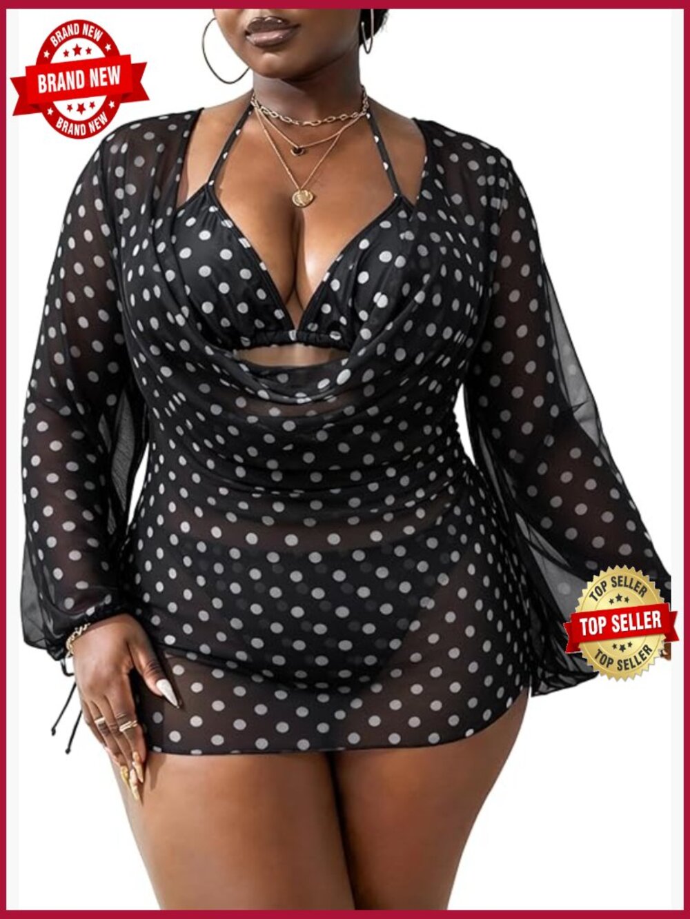 Plus Size 3 Piece Halter Triangle Bikini Set with Cover Up Bathing Suit
